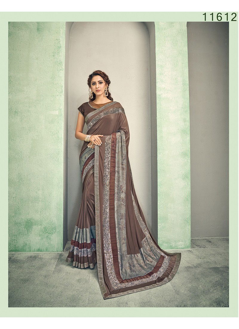 Brown Norita Felicity Sequins Embroidery Work Party Wear Lycra Saree 11612